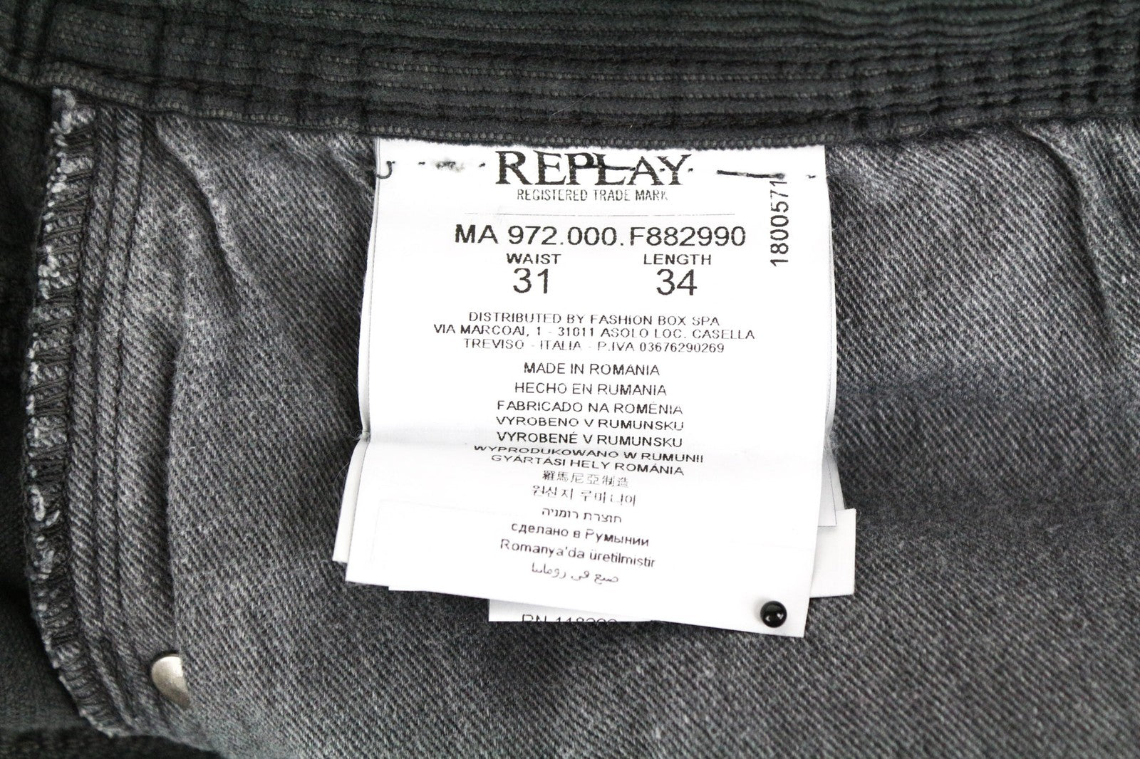 REPLAY Grover Men's Grey Corduroy Straight Fit Cotton Stretch Trousers W31/L34