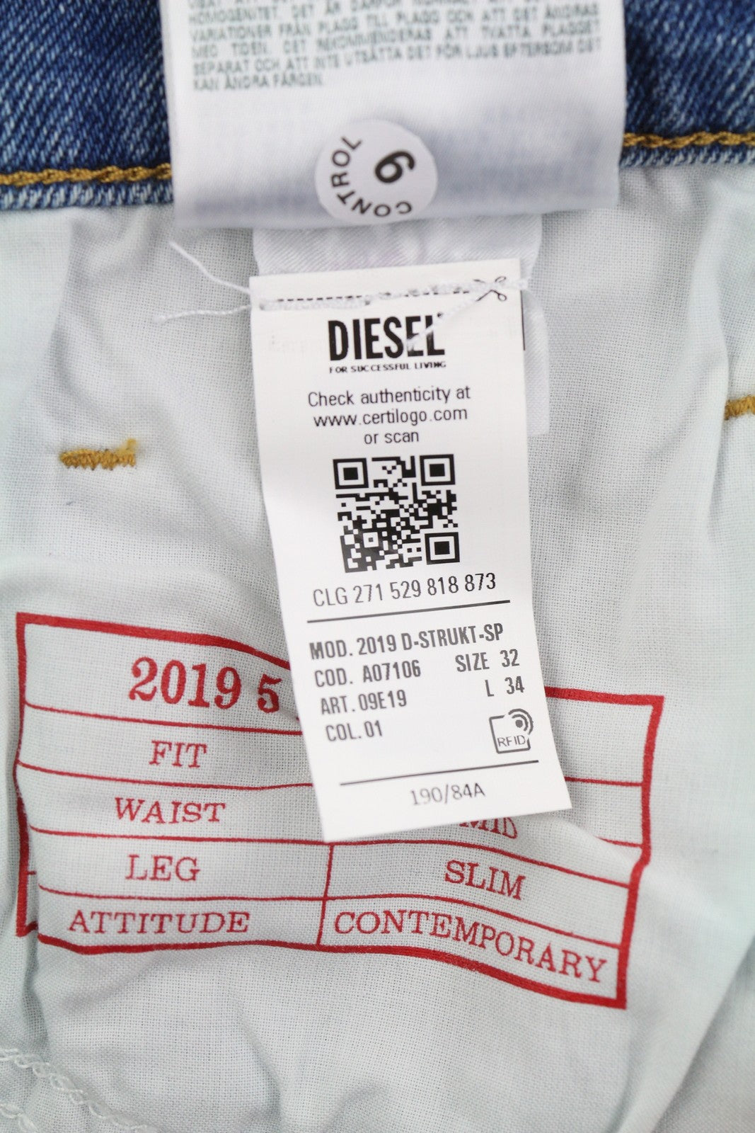 DIESEL 2019 D-Strukt-Sp 09E19 Men Jeans W32/L34 Blue Faded Washed Slim Fit Zip