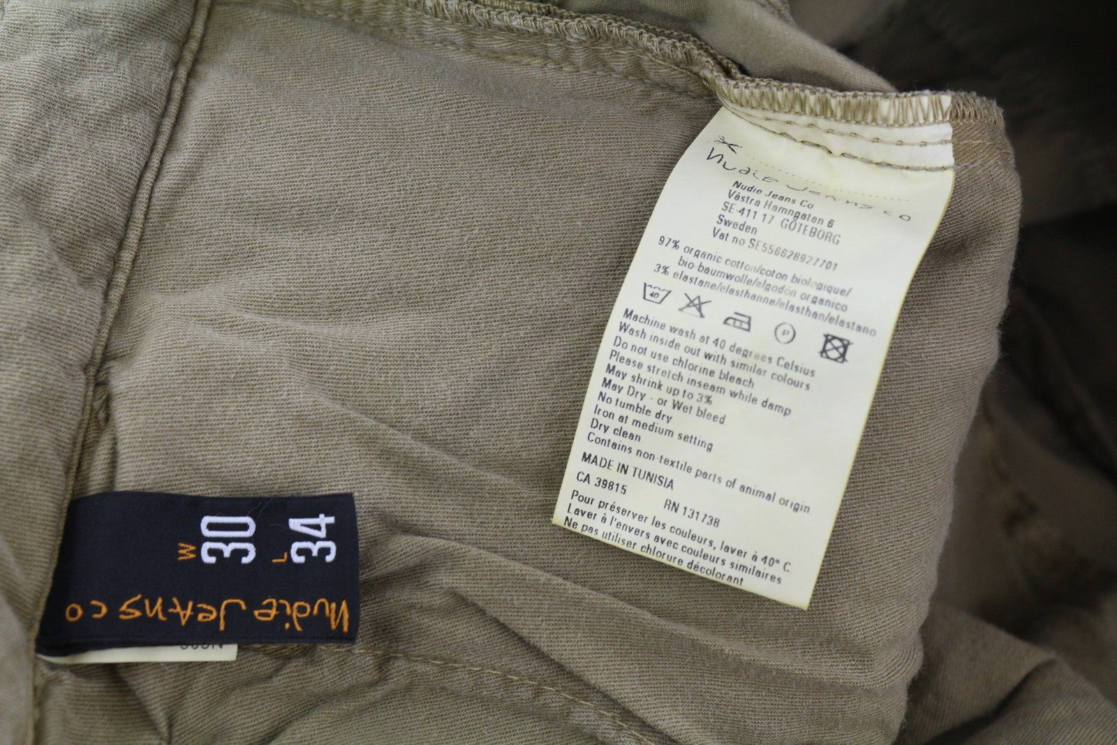NUDIE JEANS Khaki Slim Men Trousers W30/L34 Organic Warm Sand Zip Fly Chino