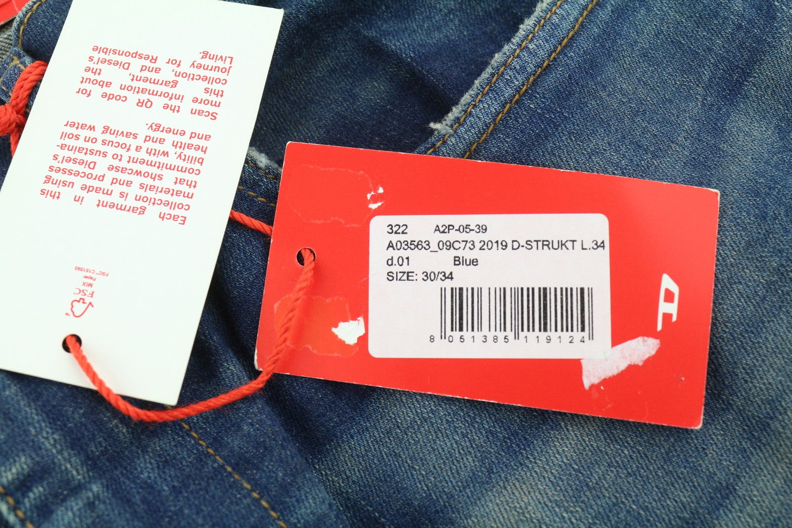 DIESEL 2019 D-Strukt 09C73 Men Jeans W30/L34 Blue Faded Washed Slim Fit Zip