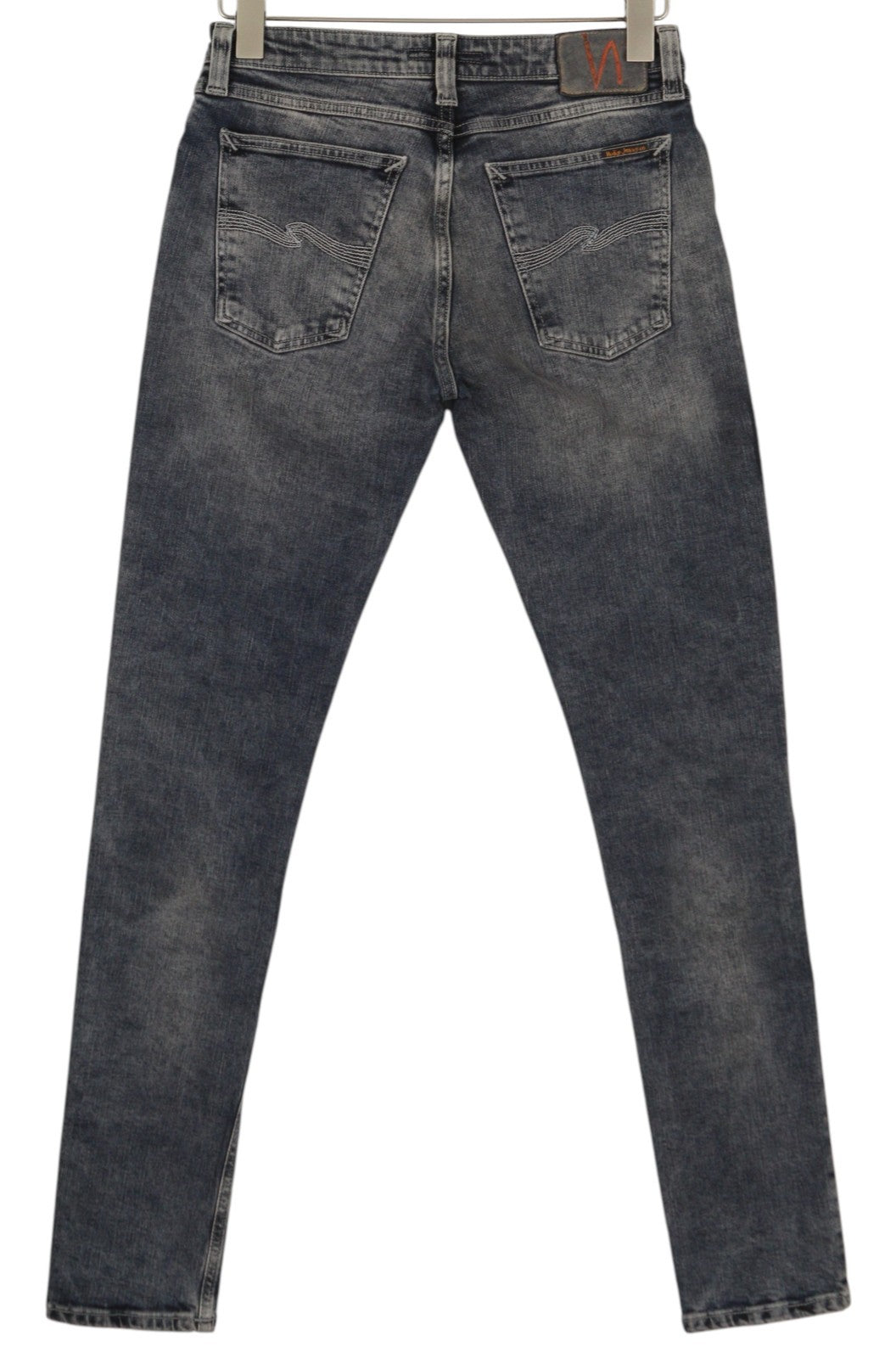 NUDIE JEANS Skinny Lin Patches Men Jeans W30/L32 Grey Faded Washed Denim Zip Fly