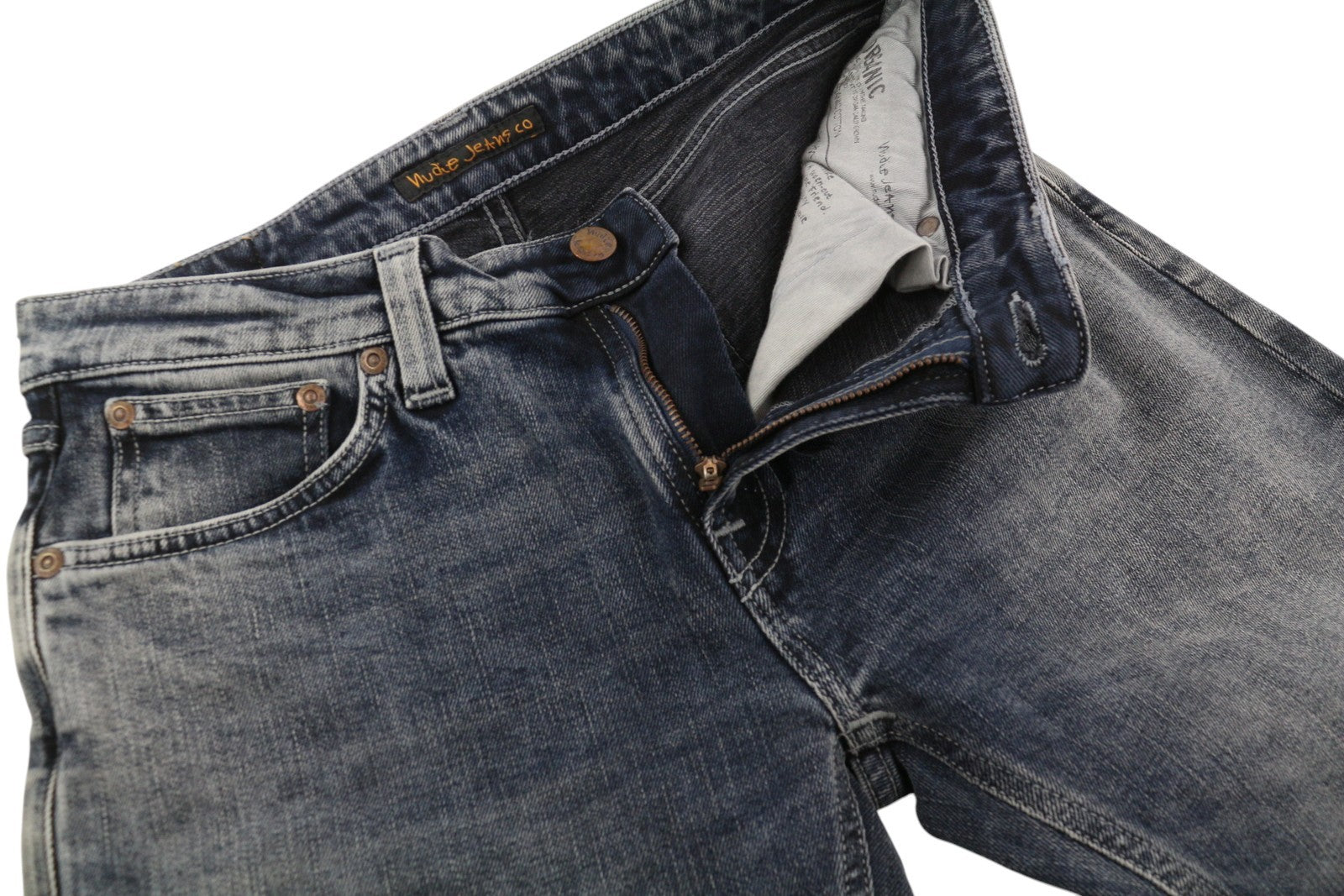 NUDIE JEANS Skinny Lin Patches Men Jeans W30/L32 Grey Faded Washed Denim Zip Fly