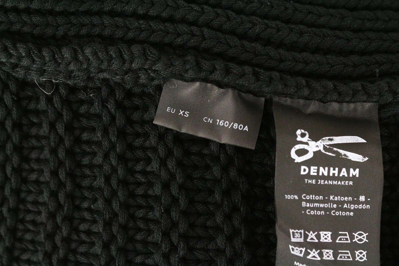 DENHAM Modu Women's XS Black Pure Cotton Knit Long Sleeve V-Neck Sweatshirt