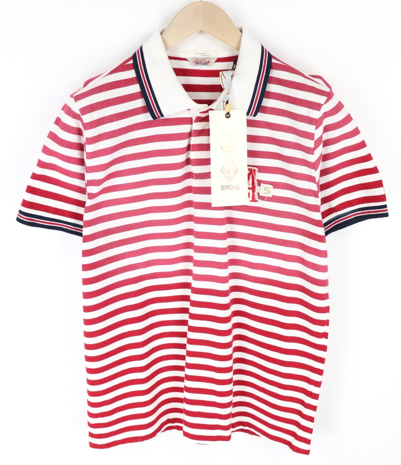 SCOTCH & SODA Men's M Red Polo Collar Striped Patch Pure Cotton Jersey Top