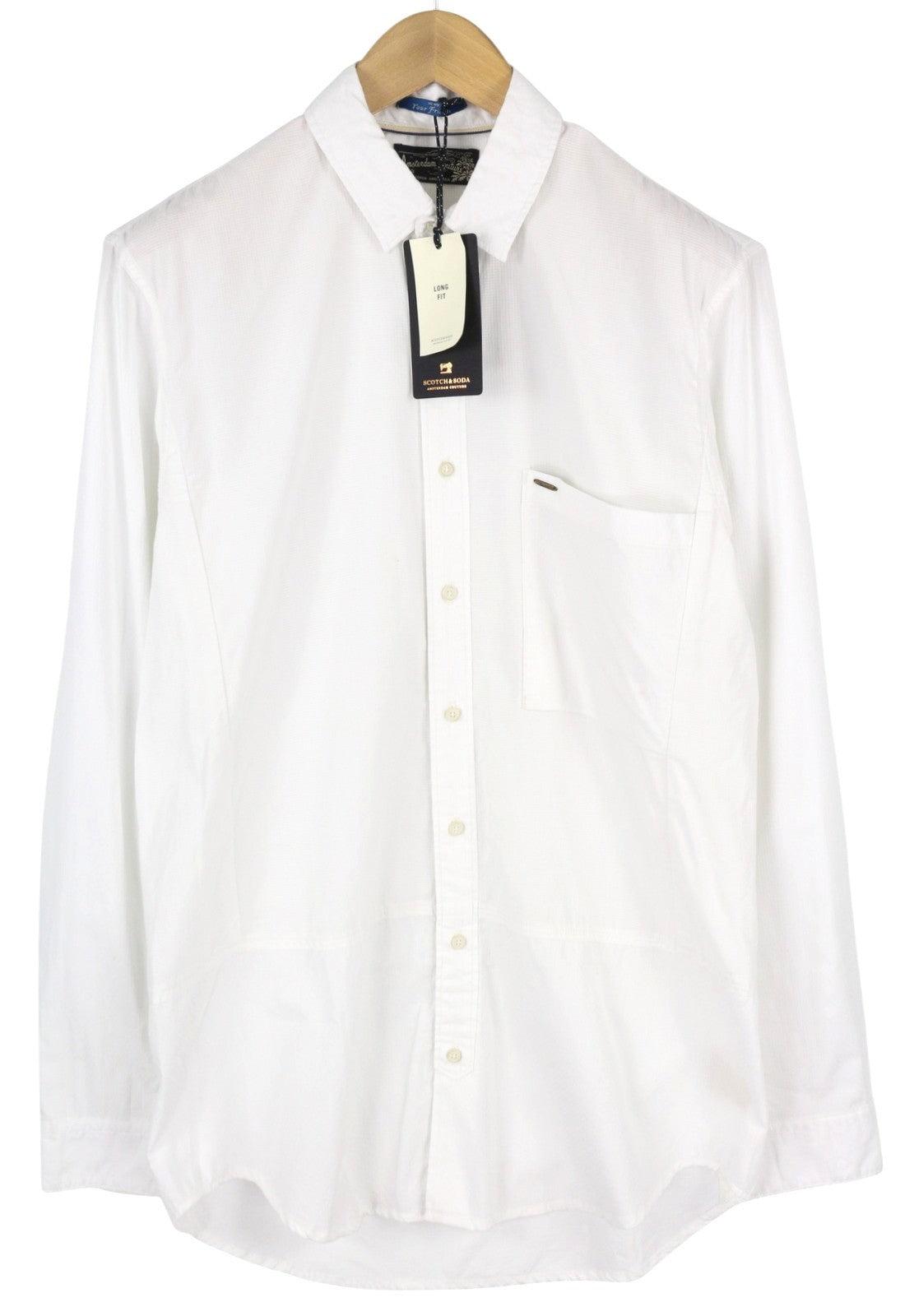 SCOTCH & SODA Men Shirt ~L Long White Button-Up Spread Neck Patch Pocket Logo
