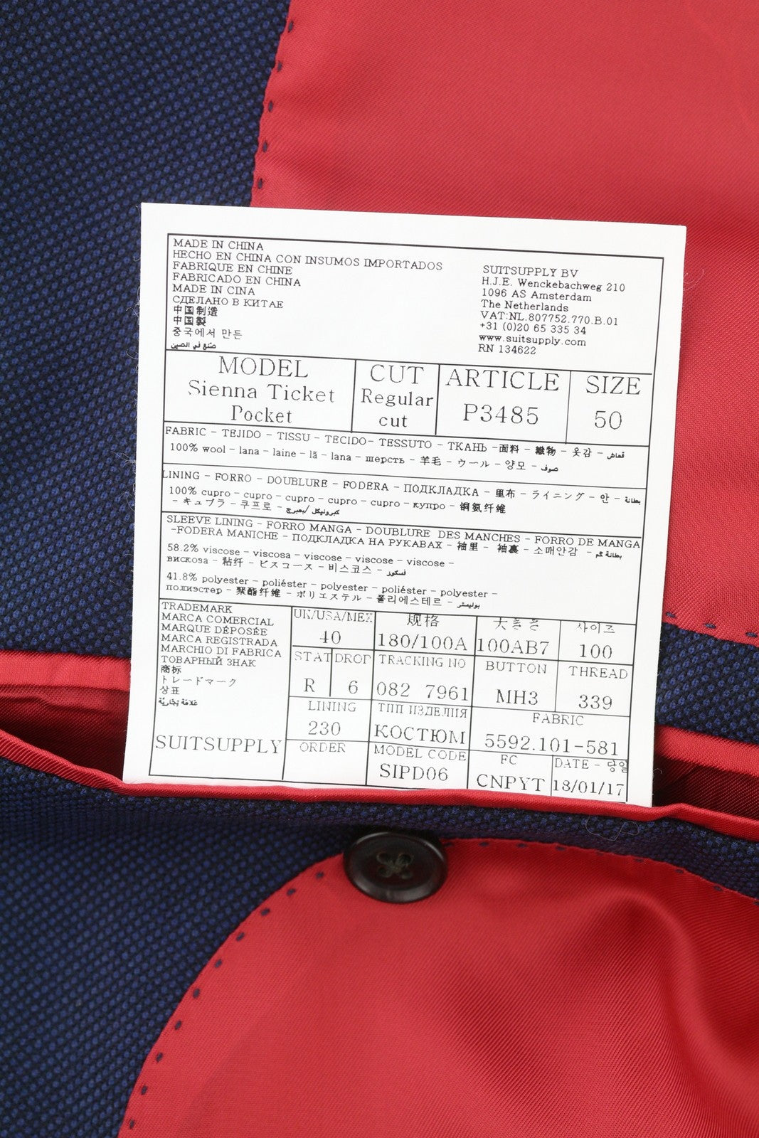 SUITSUPPLY Sienna Ticket Pocket Men Suit UK40R Dark Blue Patterned Wool 2in1