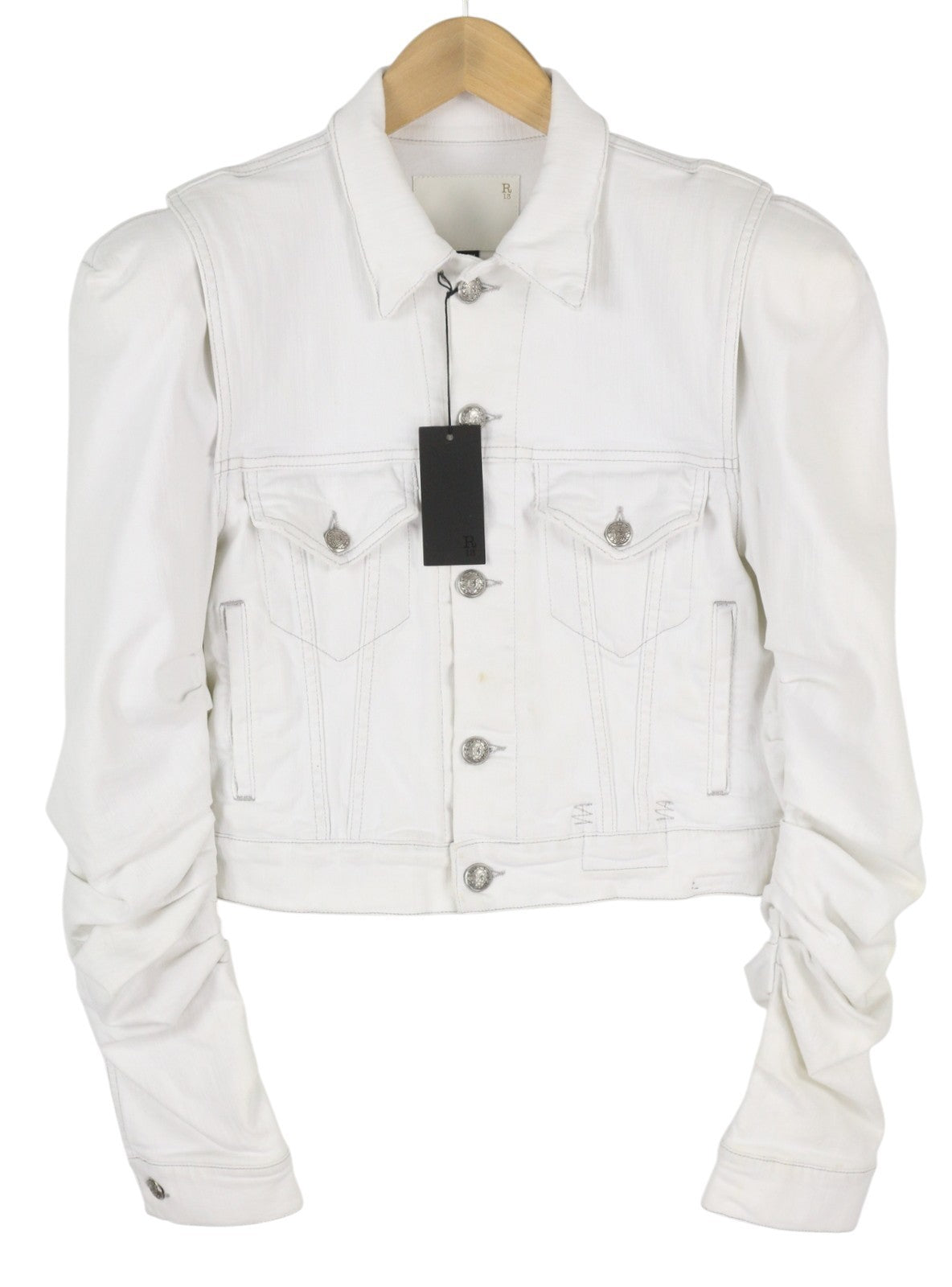 R13 Kelsey Shirring Denim Women Jacket M Ibrooke White Shoulder Pads RRP€999