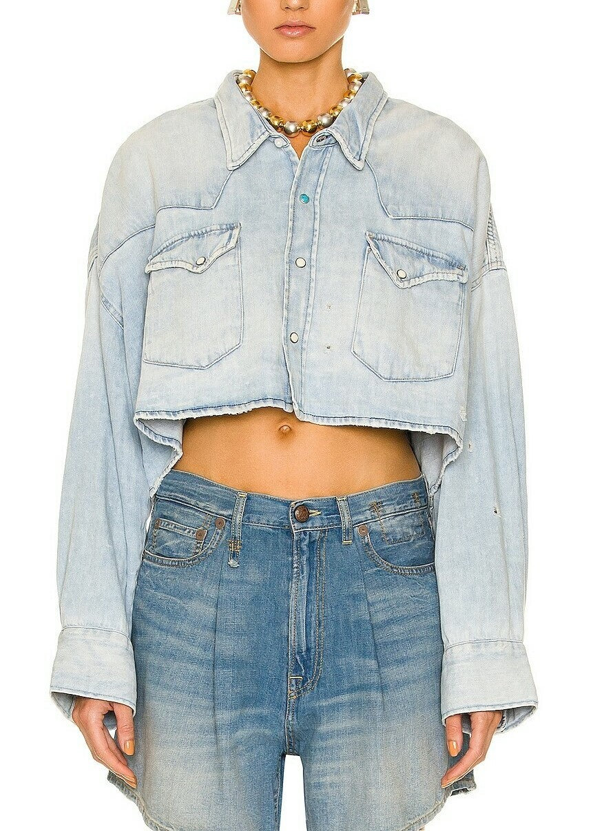 R13 Oversize Cropped Cow Boy Shirt Women Jacket M Sullivan Linen Blend RRP€500