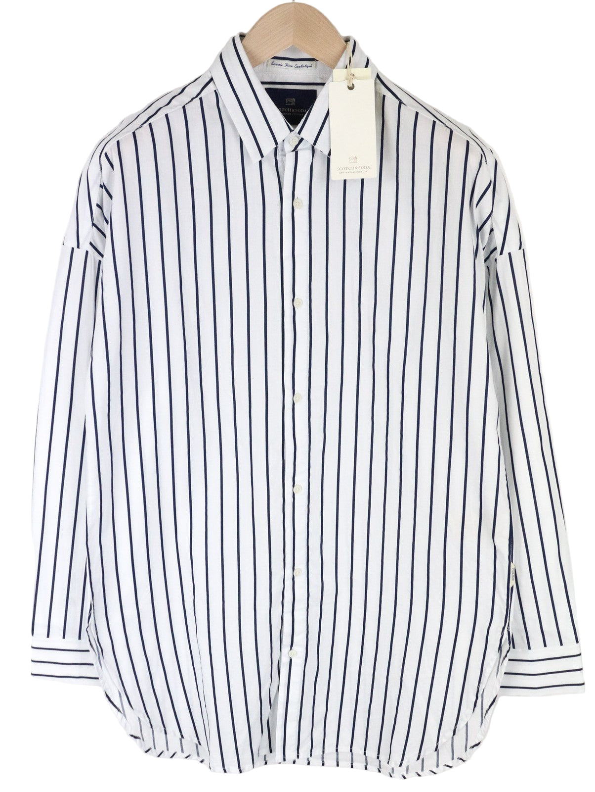 SCOTCH & SODA Men's M White Long Fit Pinstripe Pure Cotton Poplin Dress Shirt