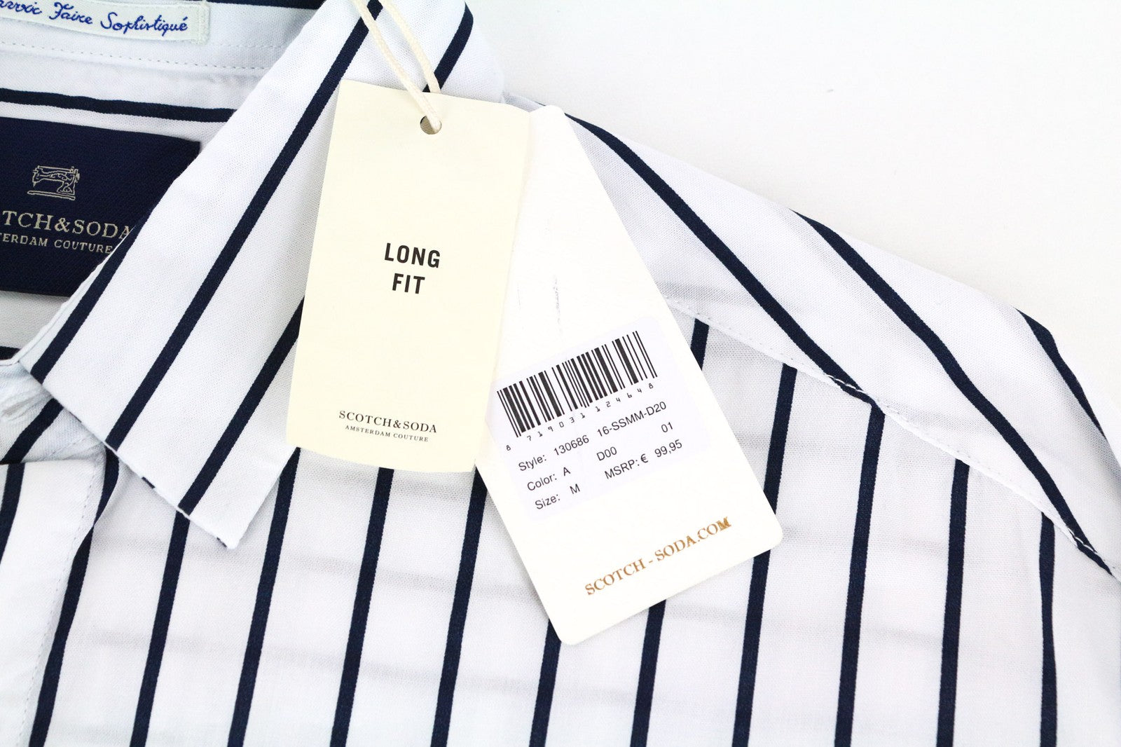 SCOTCH & SODA Men's M White Long Fit Pinstripe Pure Cotton Poplin Dress Shirt