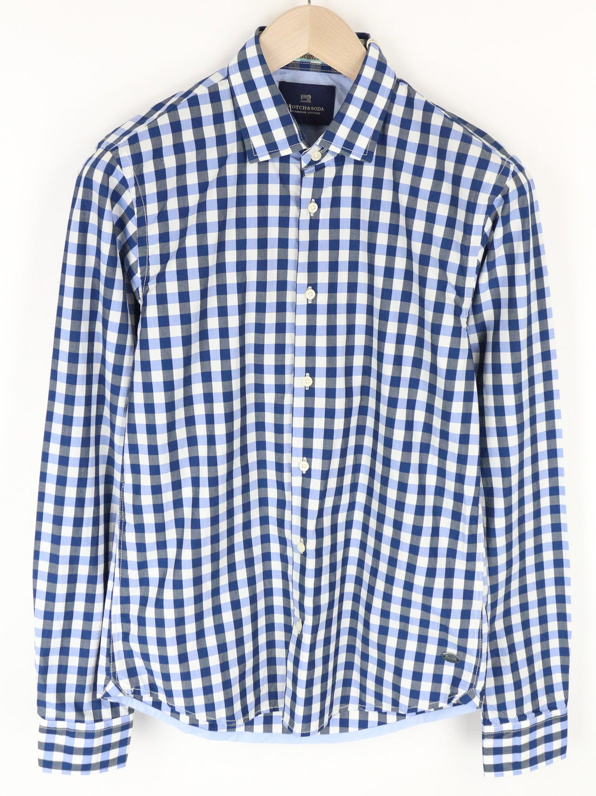 SCOTCH & SODA Men's S Light Blue Gingham Check Pure Cotton Button-Up Shirt