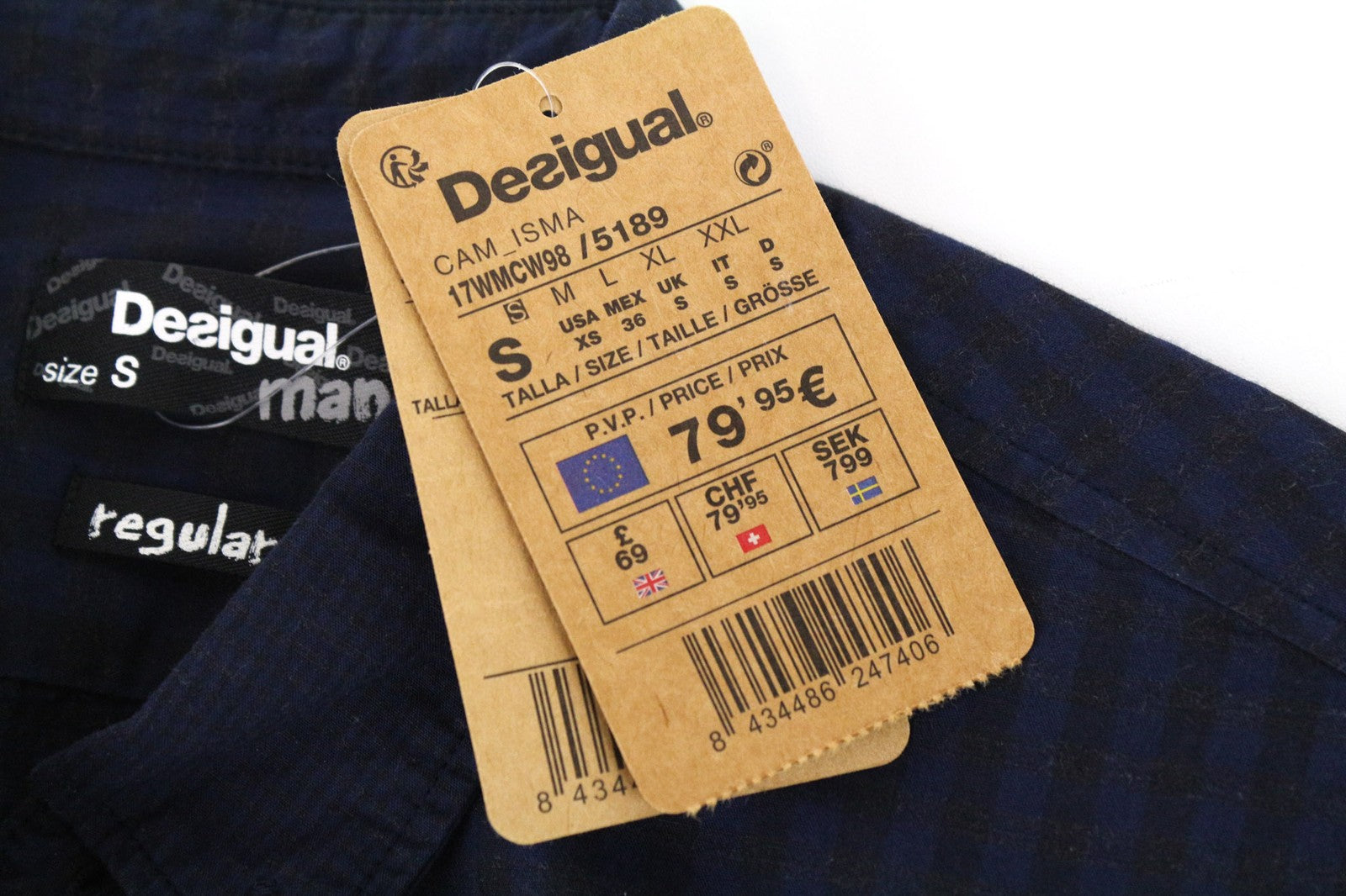DESIGUAL Isma Men's S Navy Cotton Stretch Patterned Long Sleeve Pocketed Shirt