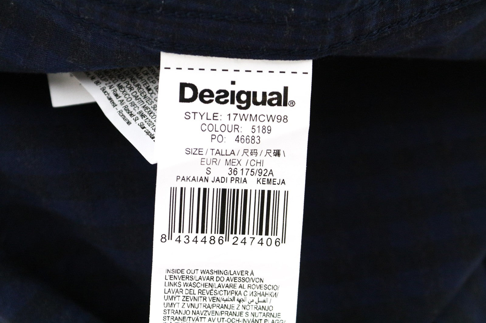 DESIGUAL Isma Men's S Navy Cotton Stretch Patterned Long Sleeve Pocketed Shirt