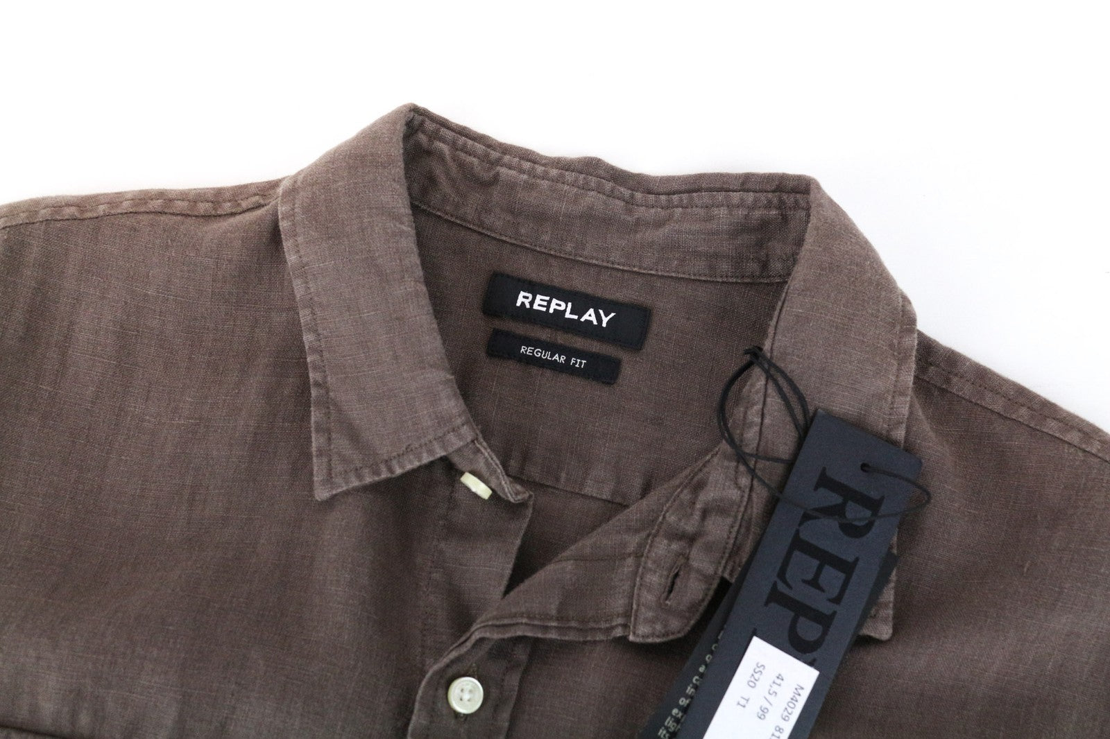 REPLAY Men's L Brown Pure Linen Short Sleeve Pocketed Button-Up Shirt