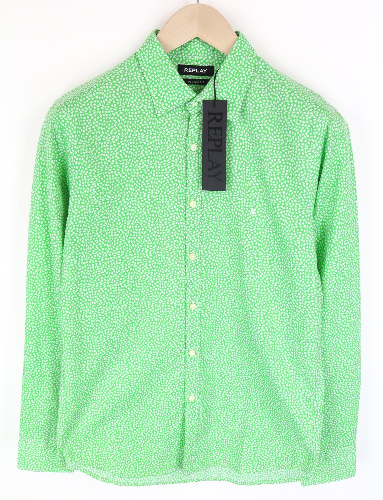 REPLAY Men's S Green Print Pure Cotton Button-Up Shirt Spread Collar Style