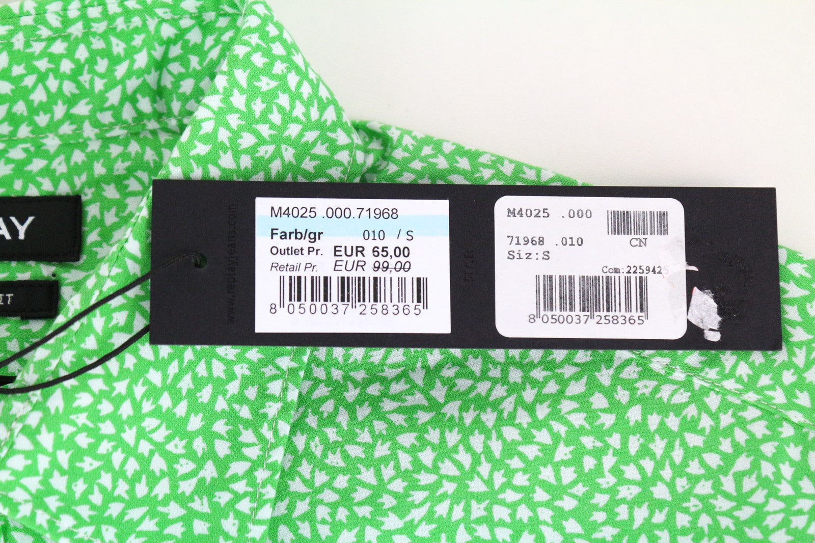 REPLAY Men's S Green Print Pure Cotton Button-Up Shirt Spread Collar Style