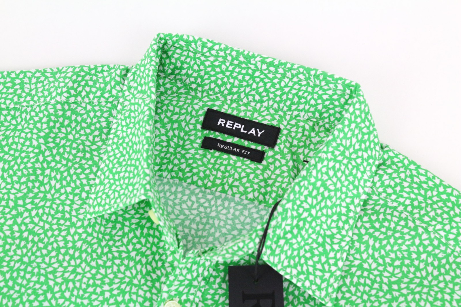 REPLAY Men's M Light Green Print Cotton Button-Up Shirt Cuffed Sleeve Design