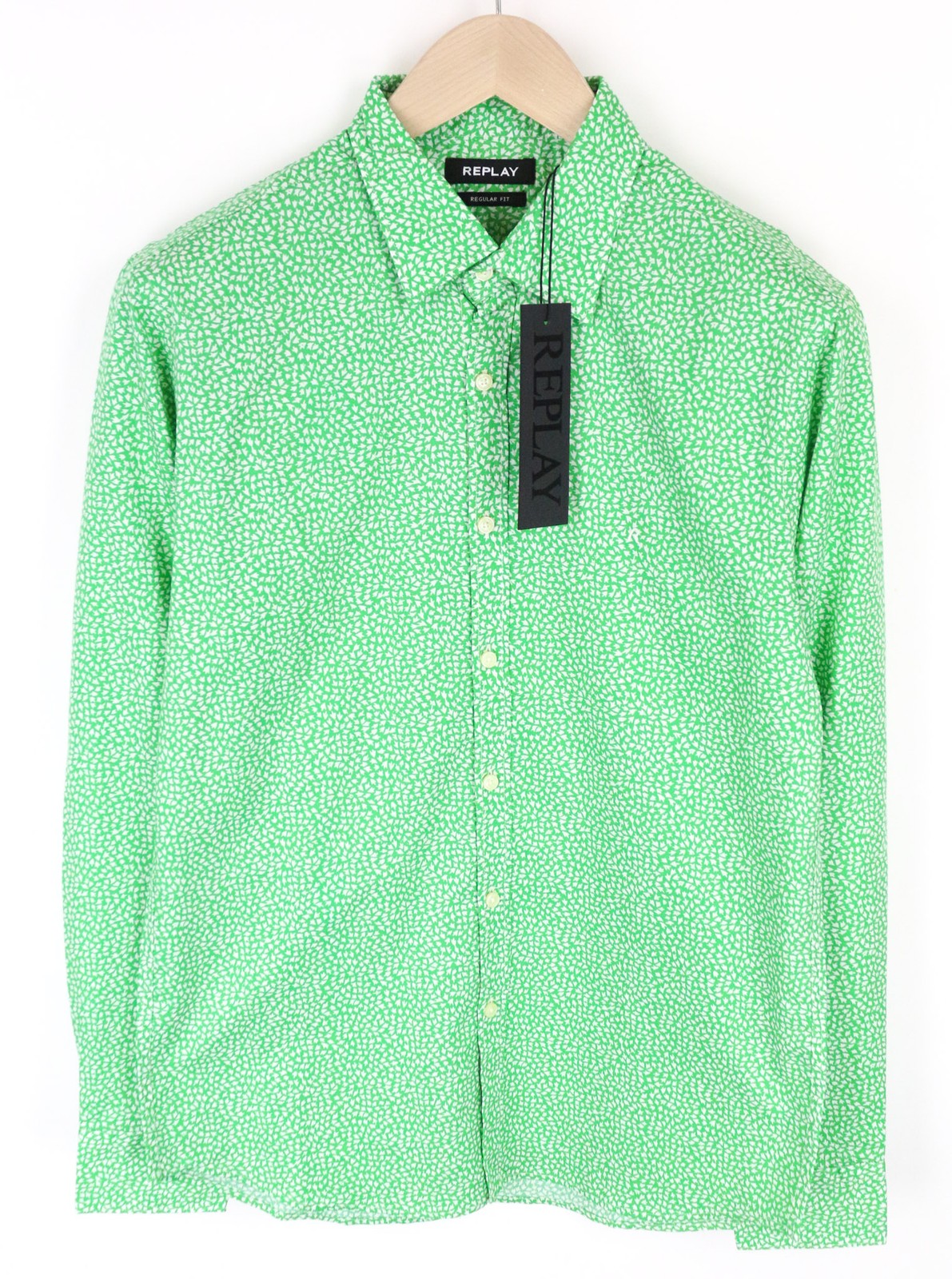 REPLAY Men's M Light Green Print Cotton Button-Up Shirt Cuffed Sleeve Design
