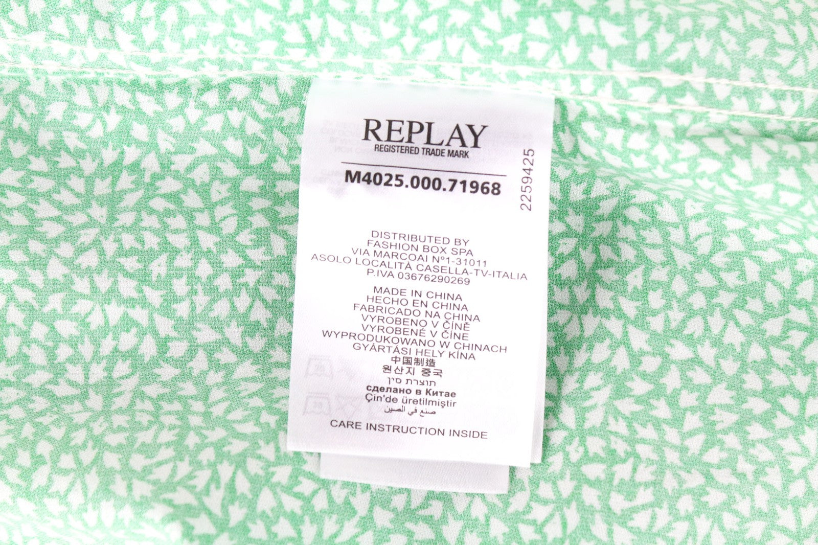 REPLAY Men's M Light Green Print Cotton Button-Up Shirt Cuffed Sleeve Design