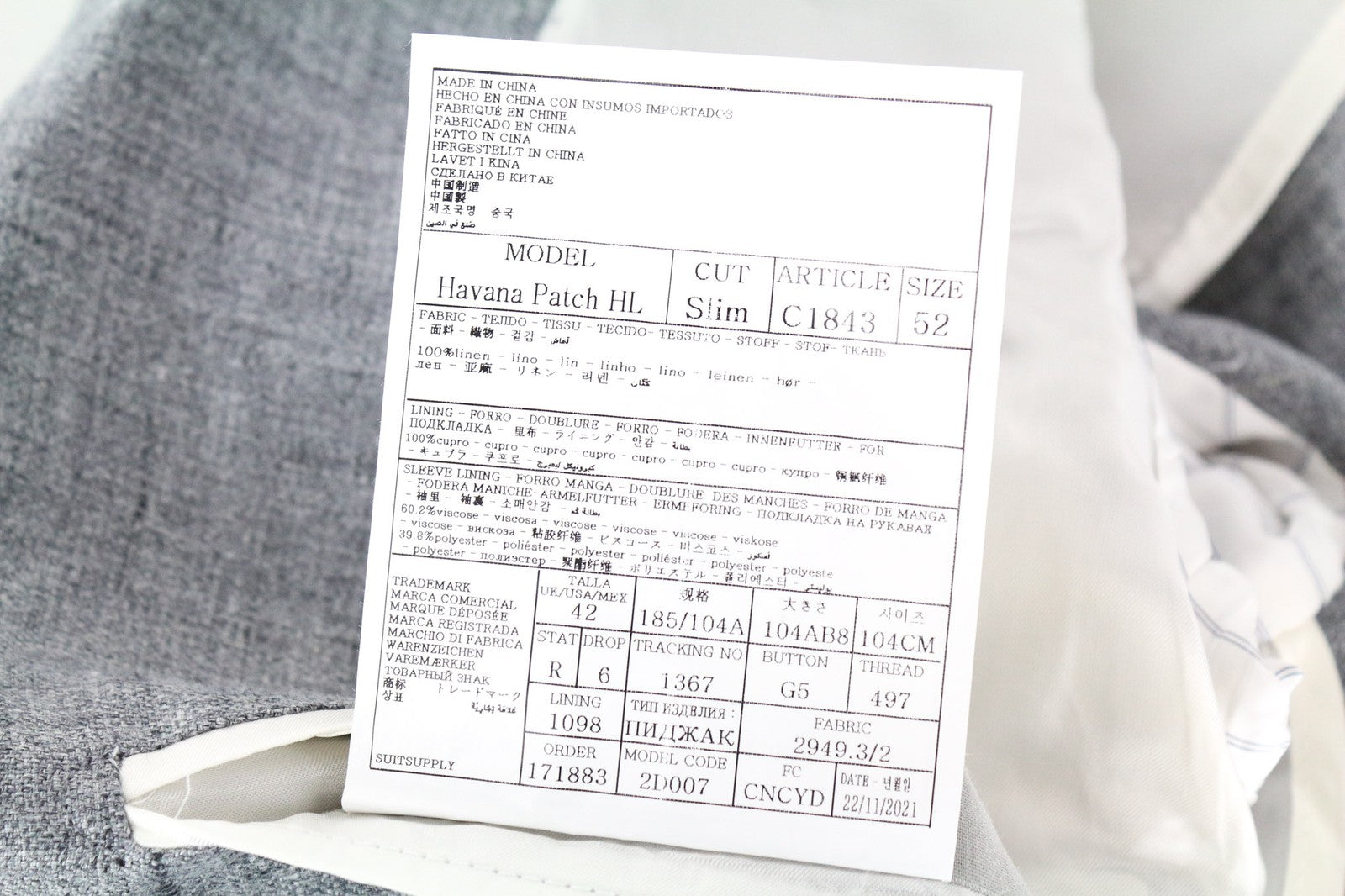 SUITSUPPLY Havana Patch Men's UK42R Grey Slim Pure Linen Half-Lined Blazer