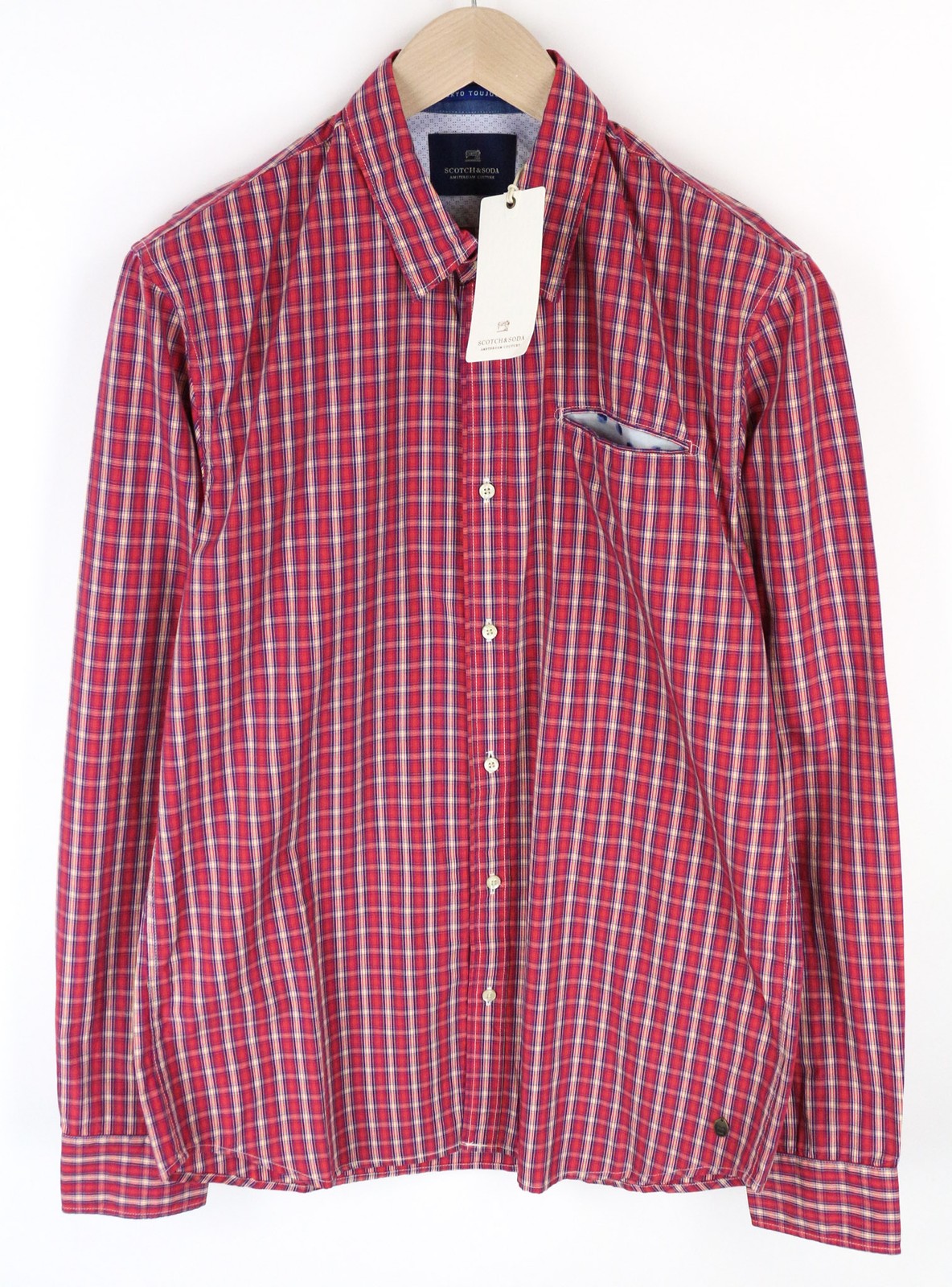 SCOTCH & SODA Men's L Red Tartan Check Melange Pure Cotton Casual Shirt