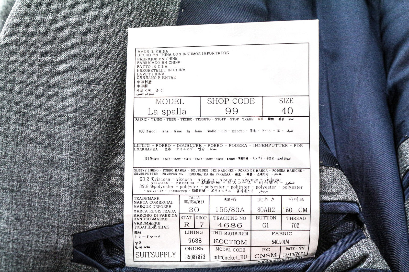 SUITSUPPLY La Spalla vyriškas švarkas UK30R vidutinio pilkumo vilnos S120s plonas melanžas 