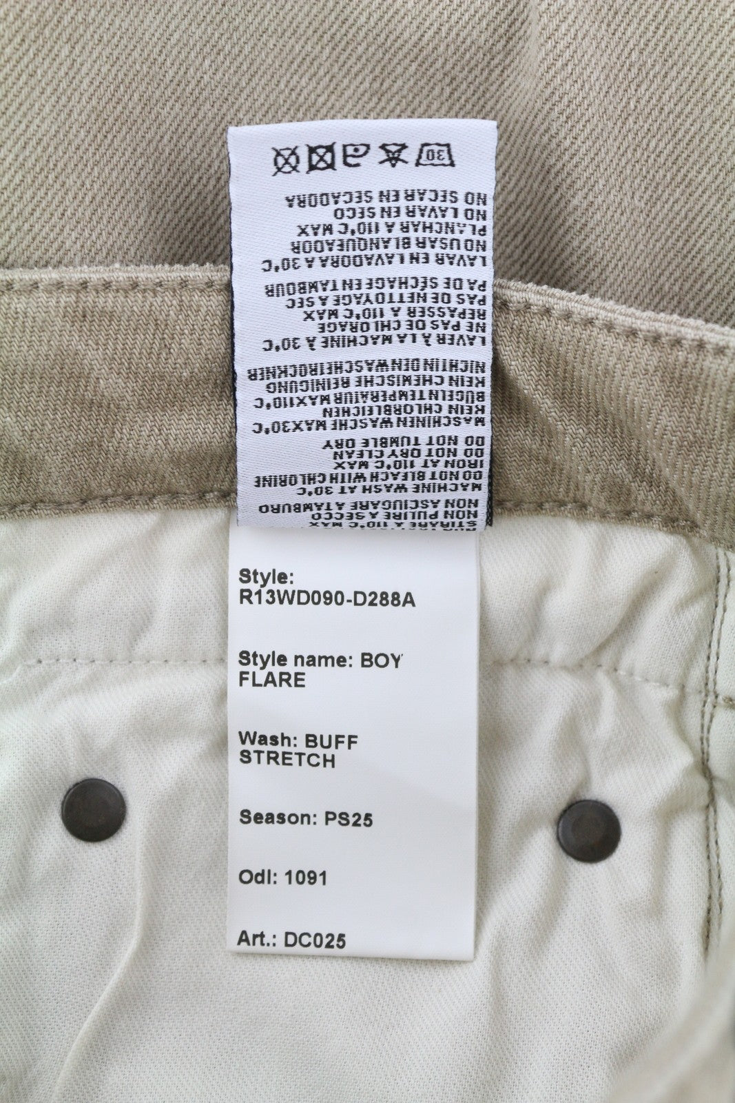 R13 Boy Flare Women Jeans 25 Buff Stretch Zip PS25 Washed Faded Beige RRP€695