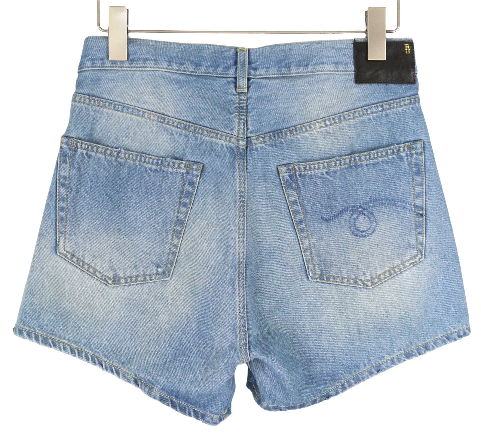 R13 Cross Over Women Shorts 26 Washed Denim Zip Asymmetrical Distress RRP€599
