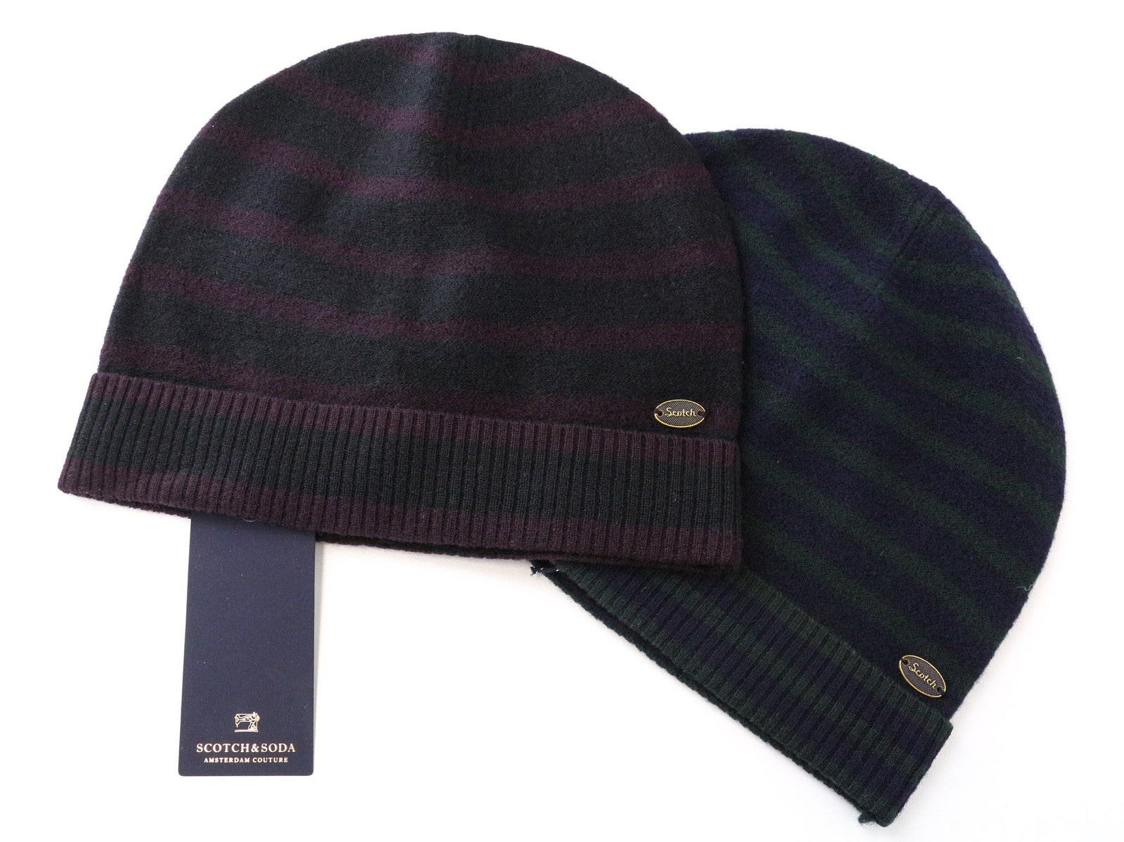 SCOTCH & SODA Ams Couture Men's Hat OS Wool Purple/Green Striped 2-Beany Pack