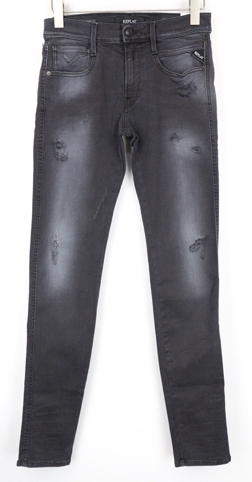 REPLAY Anbass Men's Jeans W28/L34 Slim Grey Cotton Blend Stretch Ripped Wash