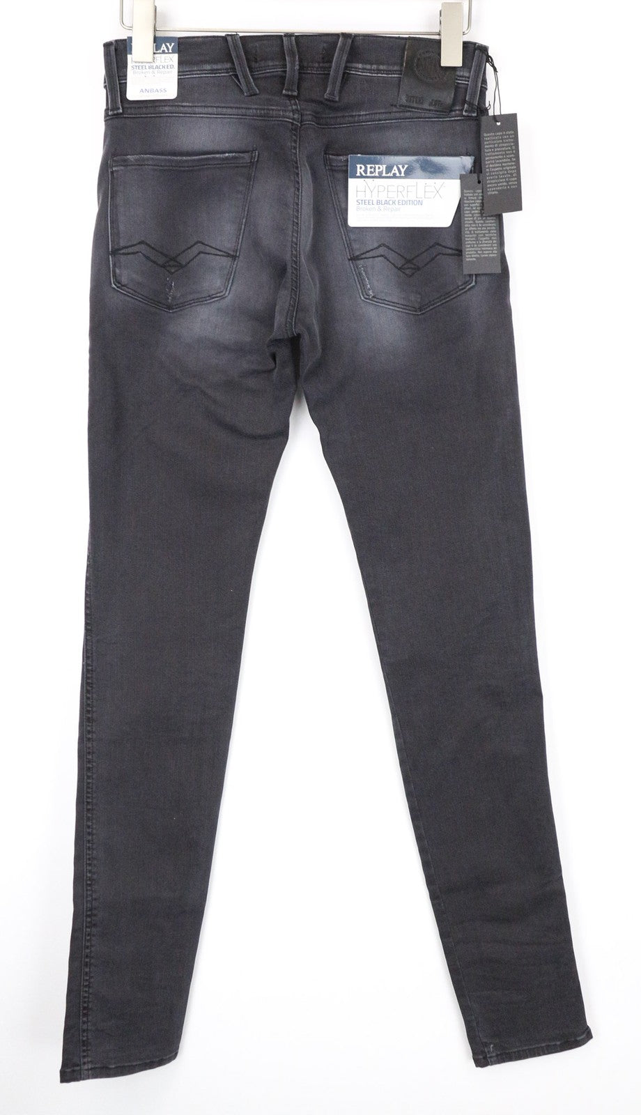 REPLAY Anbass Men's Jeans W28/L34 Slim Grey Cotton Blend Stretch Ripped Wash