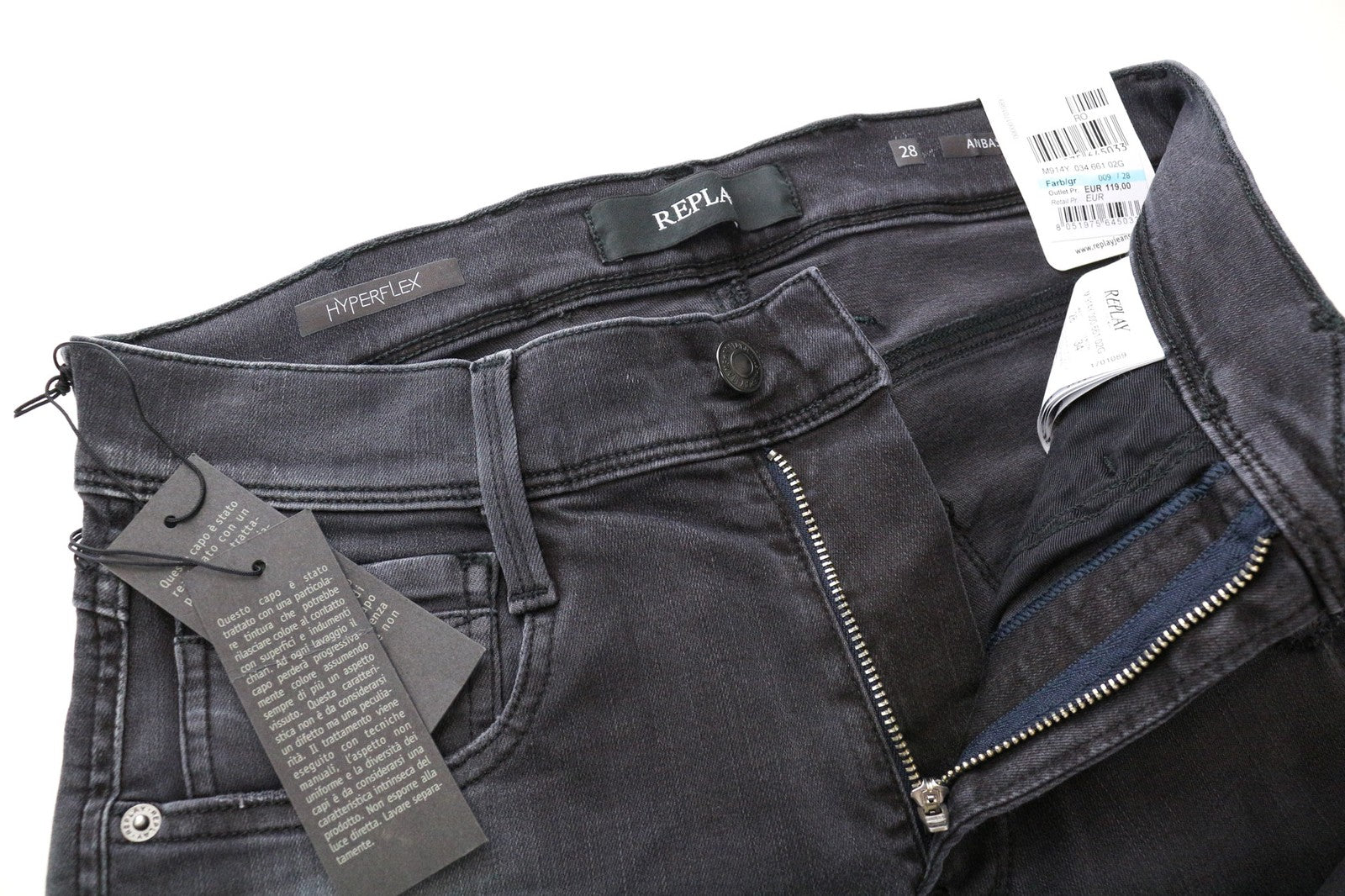 REPLAY Anbass Men's Jeans W28/L34 Slim Grey Cotton Blend Stretch Ripped Wash