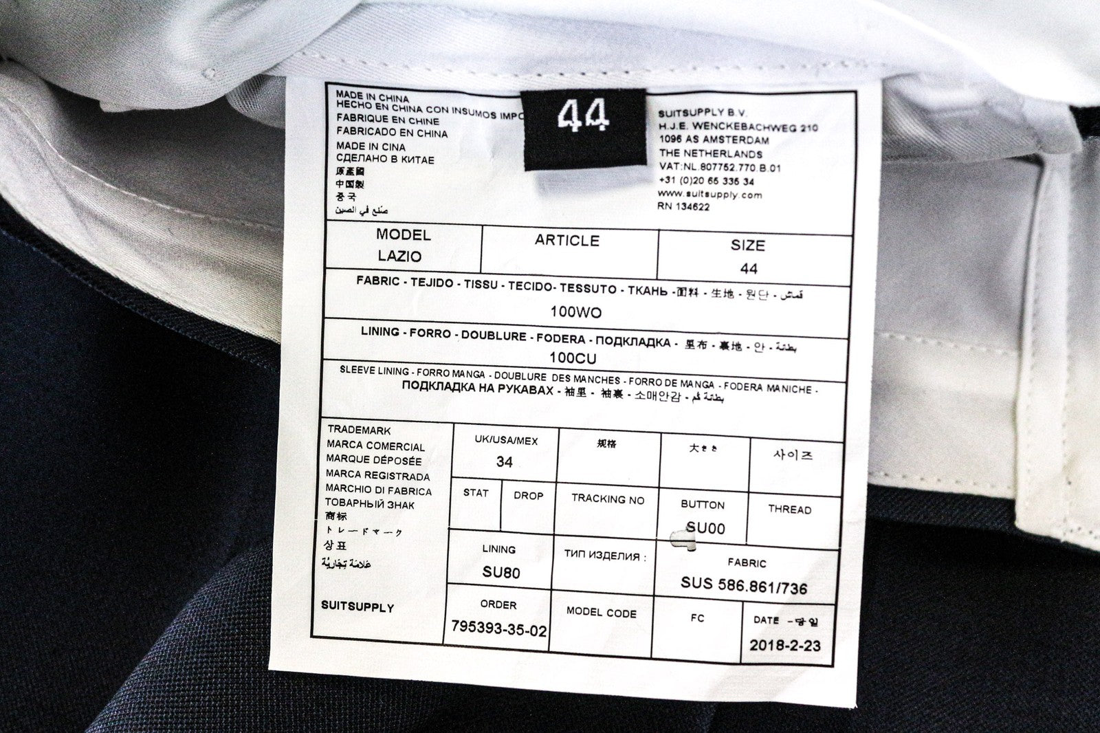 SUITSUPPLY Lazio Men's Suit UK34S Blue Wool Slim Melange 3-Piece Classic