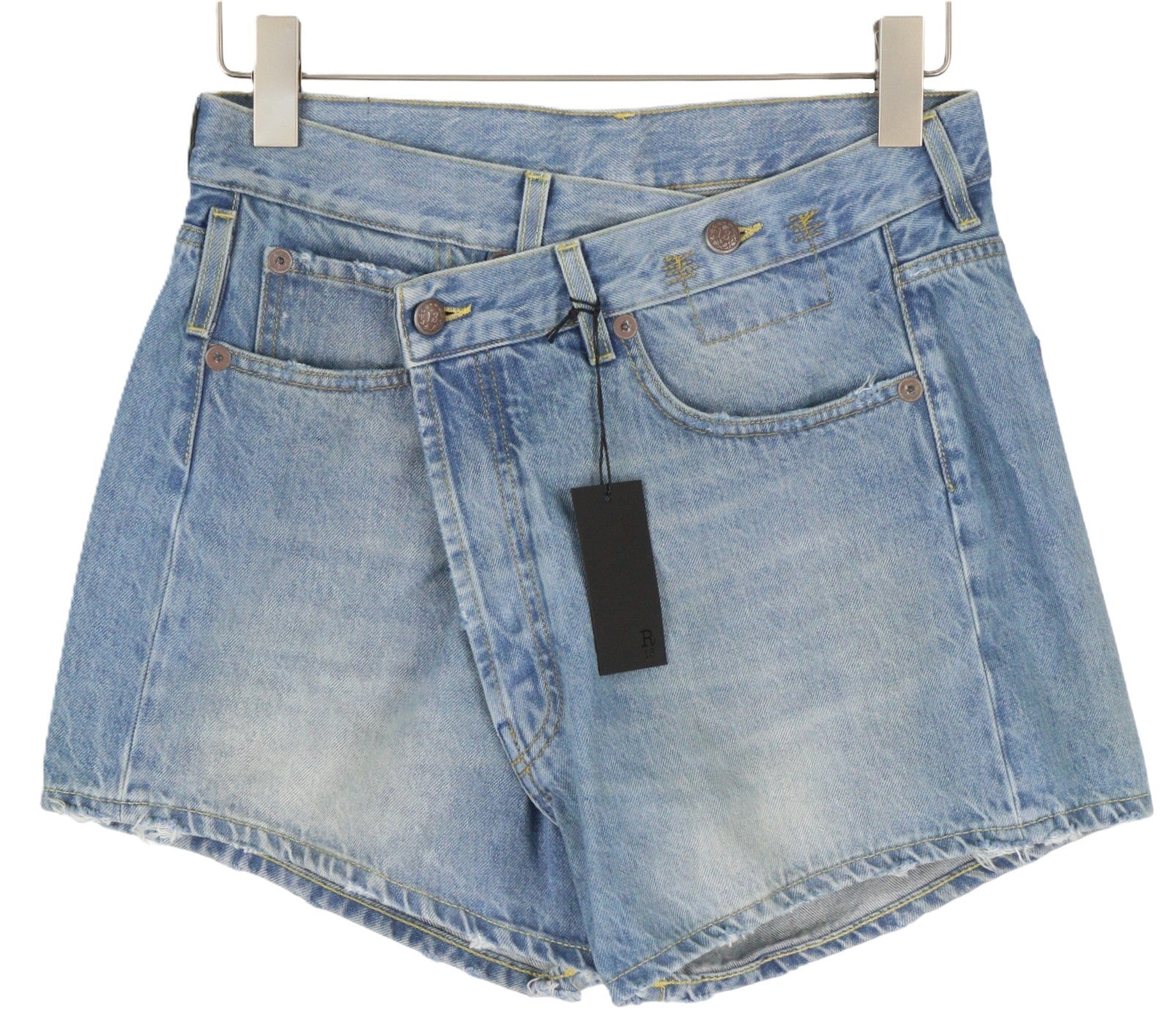 R13 Cross Over Women Shorts 25 Washed Denim Blue Asymmetrical Distress RRP€599