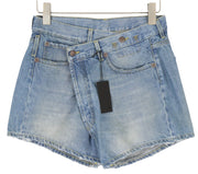R13 Cross Over Women Shorts 25 Washed Denim Blue Asymmetrical Distress RRP€599