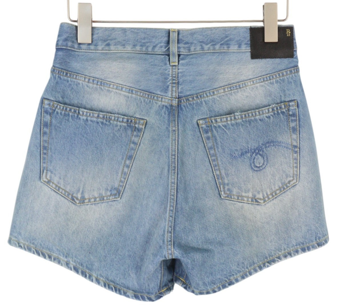R13 Cross Over Women Shorts 25 Washed Denim Blue Asymmetrical Distress RRP€599