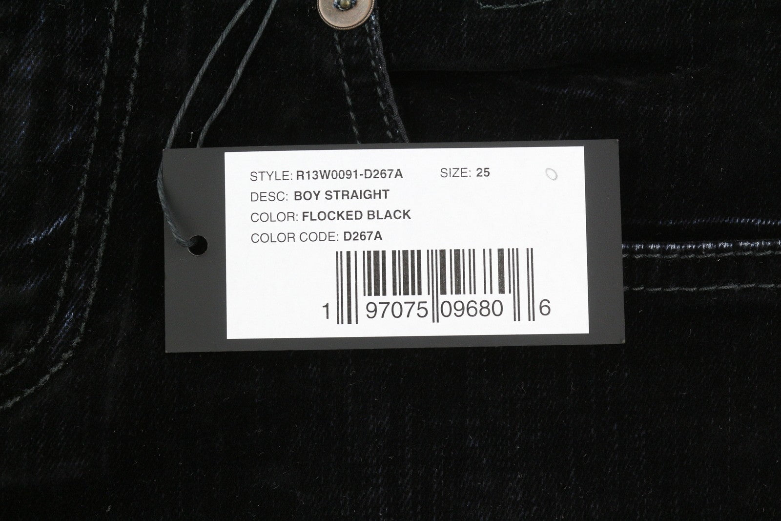 R13 Boy Straight Women Jeans 25 Flocked Black Velvet Cropped Ankle Length Dark