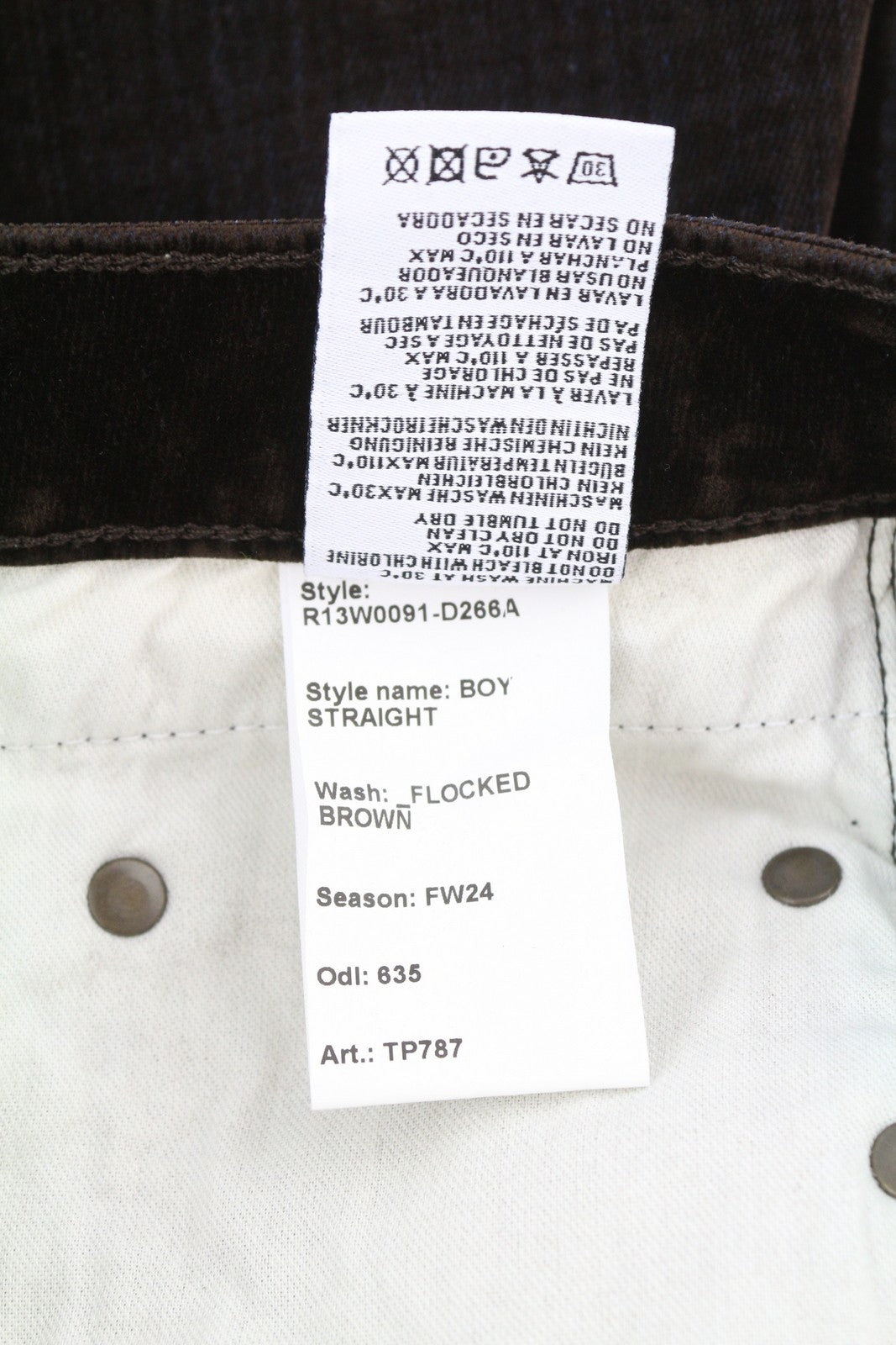 R13 Boy Straight Women Jeans 25 Flocked Brown Velvet Cropped Ankle Length Dark