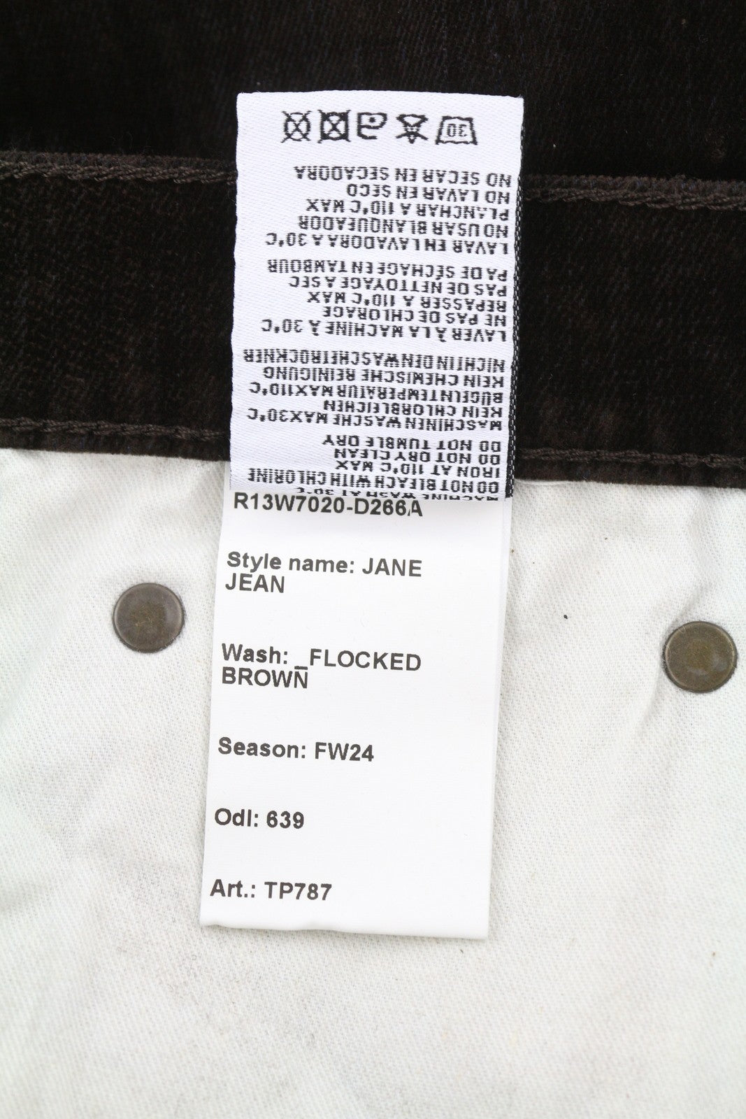 R13 Jane Women Jeans 26 Flocked Brown Velvet Soft Zipper Mid Rise Dark Denim