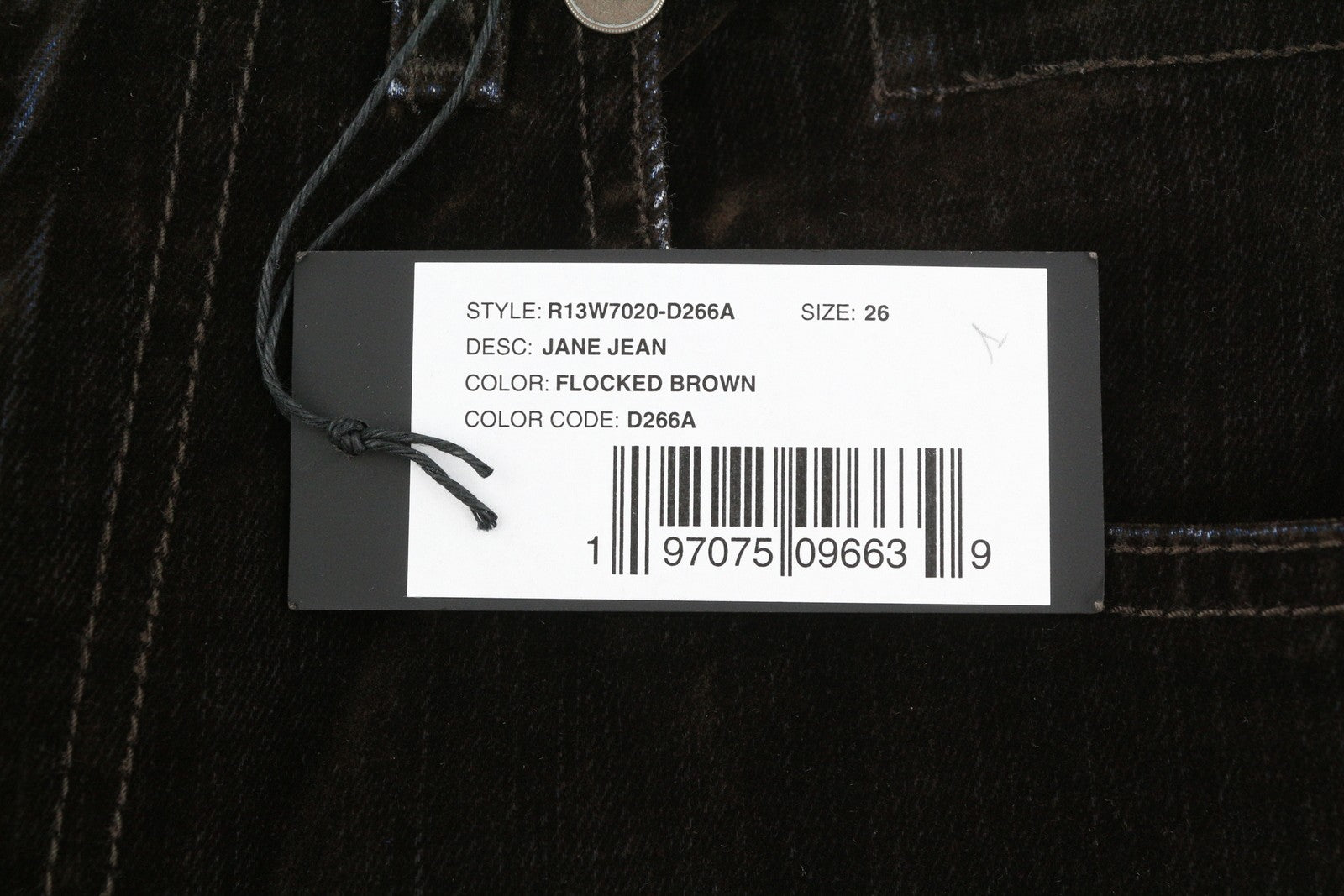 R13 Jane Women Jeans 26 Flocked Brown Velvet Soft Zipper Mid Rise Dark Denim