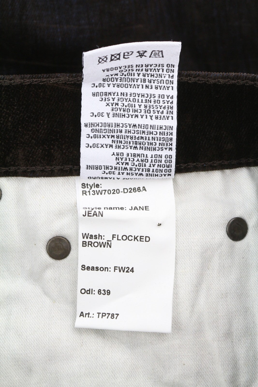 R13 Jane Women Jeans 25 Flocked Brown Velvet Soft Zipper Mid Rise Dark Denim