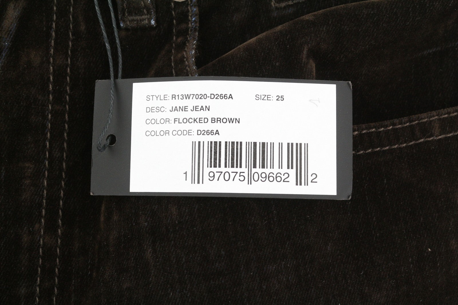 R13 Jane Women Jeans 25 Flocked Brown Velvet Soft Zipper Mid Rise Dark Denim