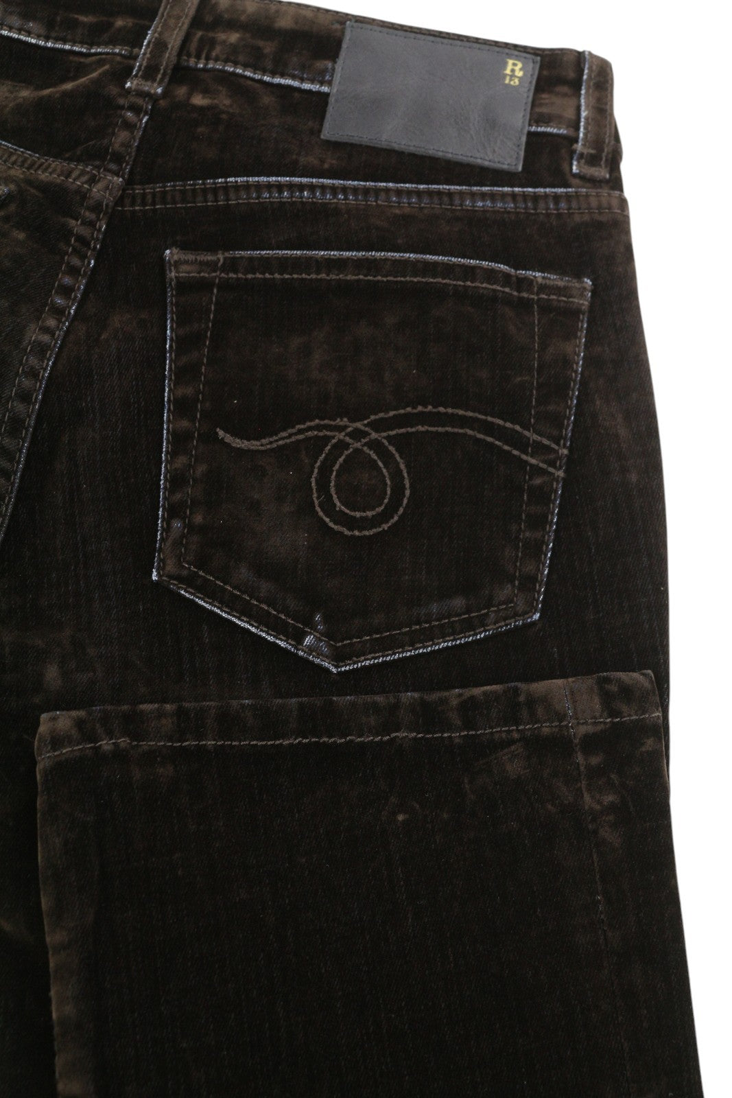 R13 Kick Fit Women Jeans 24 Flocked Brown Velvet Cropped Ankle Length Low Rise