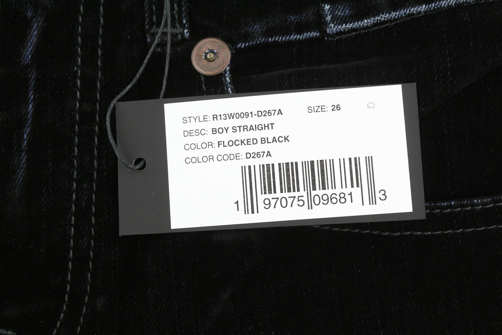 R13 Boy Straight Women Jeans 26 Flocked Black Velvet Cropped Ankle Length Dark