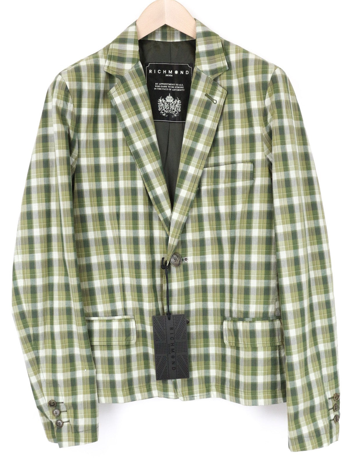 RICHMOND Men's Blazer 48 Green Checked Linen Lined Single-Breasted Style