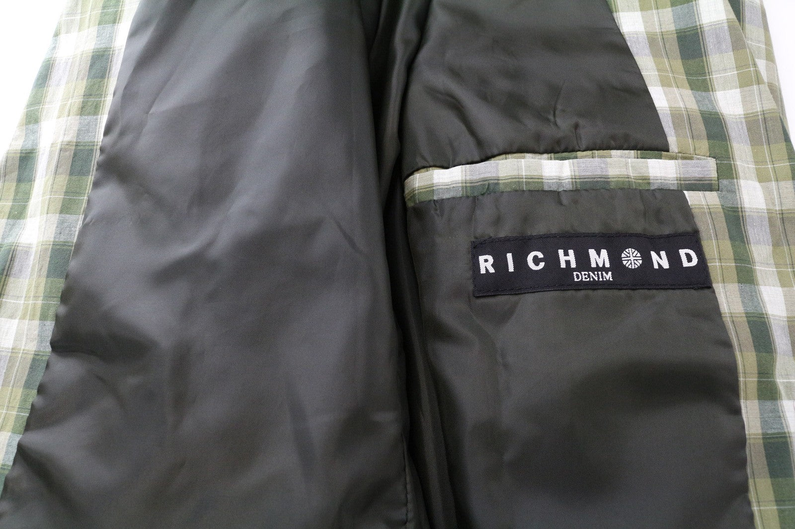 RICHMOND Men's Blazer 48 Green Checked Linen Lined Single-Breasted Style