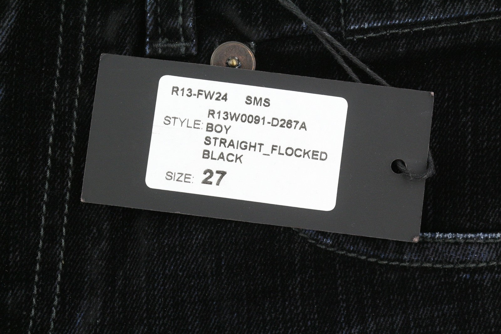 R13 Boy Straight Women Jeans 27 Flocked Black Velvet Cropped Ankle Length Dark