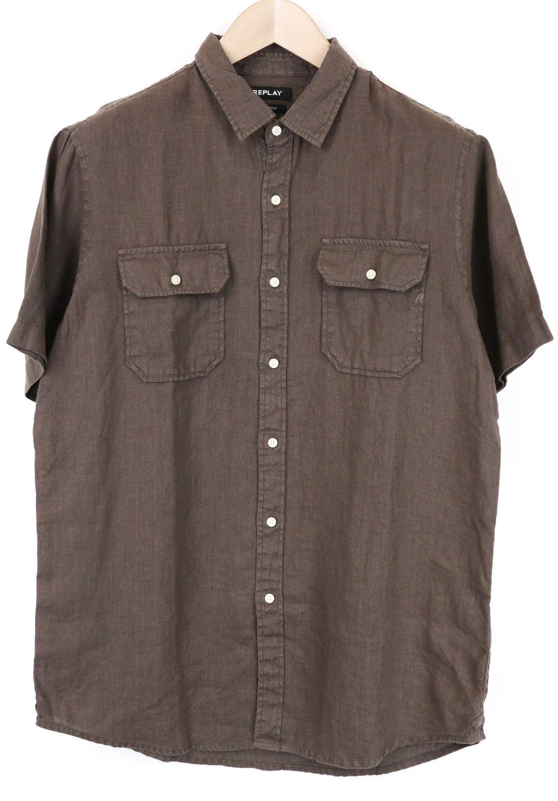 REPLAY Men's Shirt L Brown Linen Short Sleeve Button-Up Summer Casual