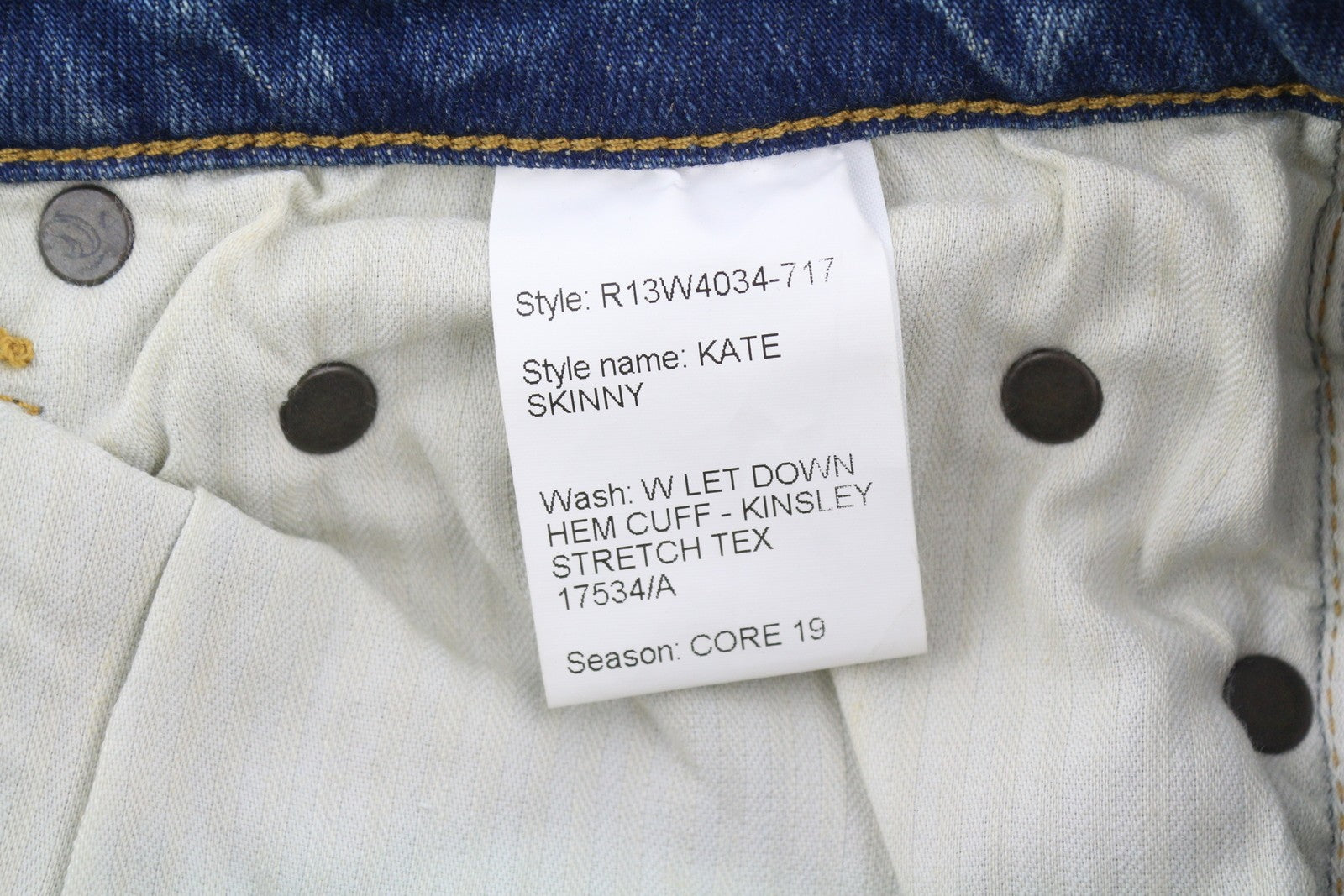 R13 Kate Skinny Women Jeans 27 Let Down Hem Cuff Kinsley Stretch Tex Distress