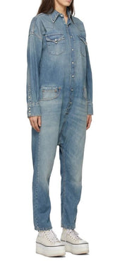 R13 Cowboy Drop Women Jumpsuit M Dekalb Blue Washed Distress Oversized RRP€1699